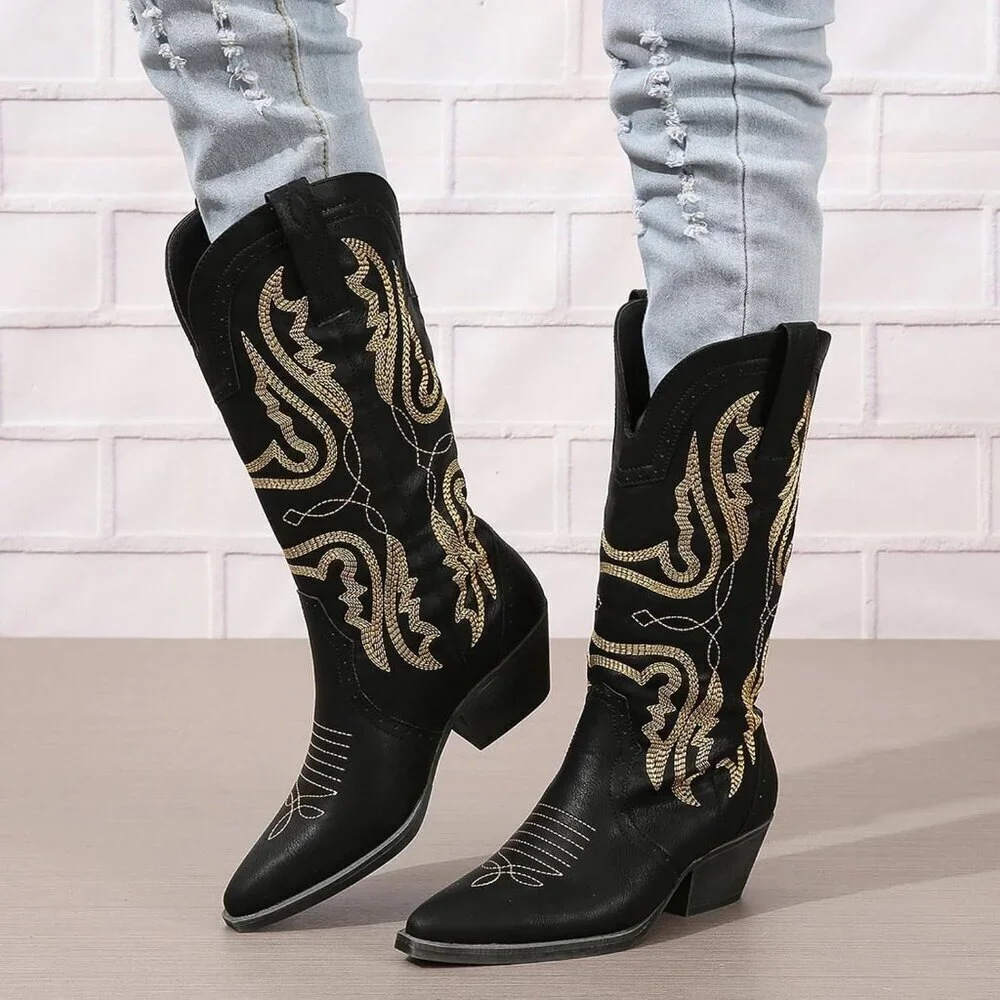 Women's Black Cowgirl Mid Calf Embroidered Block Heel Boots Brown Red Black US5